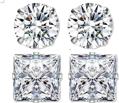 Conjunto 2 Pares de Brincos Prata Cravejado de Zirconia10mm Masculinos Redondo e Quadrado Estilo CR7 Alto Brilho