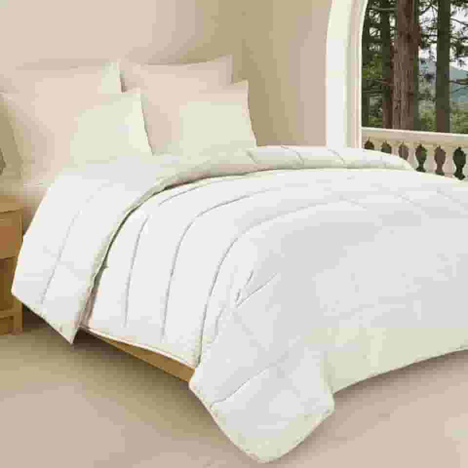 Edredom Toque de Plumas Dupla Face, Microfibra Plumage Liso e Stripe Quadriculado (Branco Stripes, King)