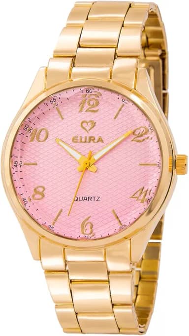 relogio feminino dourado eura original com colar e brincos REF005