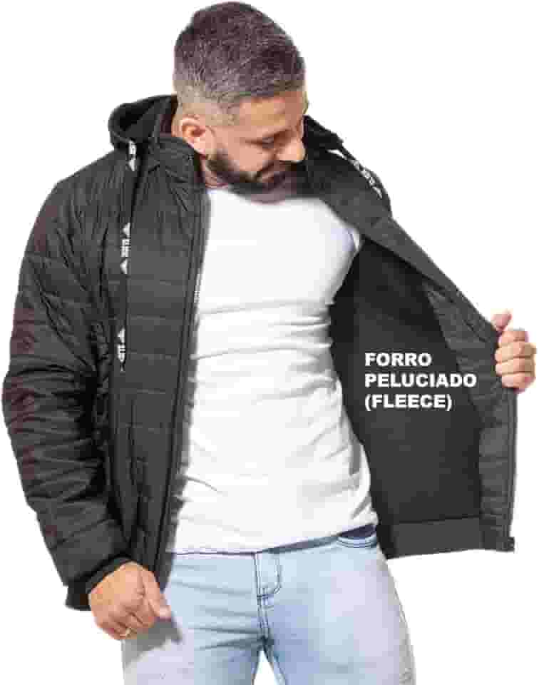 Jaqueta Masculina Forrada com Pelo Fleece Pelúcia Puffer Bobojaco de Inverno com Capuz Removível