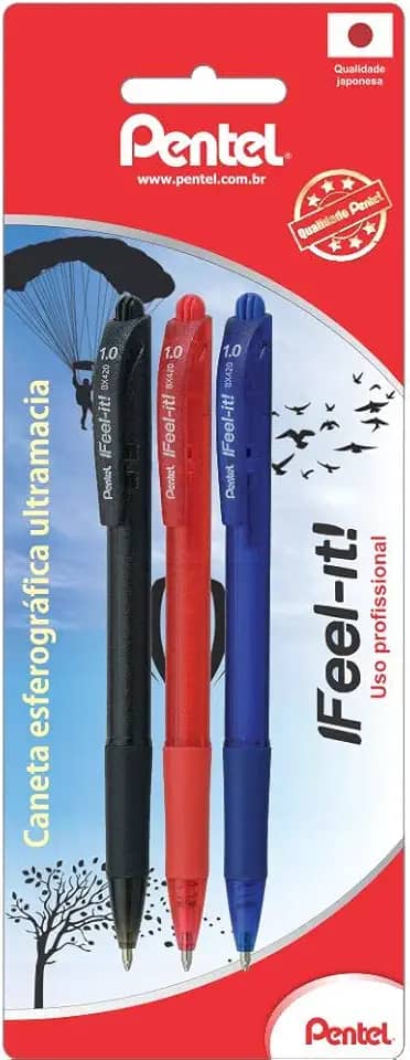 Kit com 3 Canetas Caneta Esferográfica Feel It 1 mm, Pentel, Preta/Vermelha/Azul