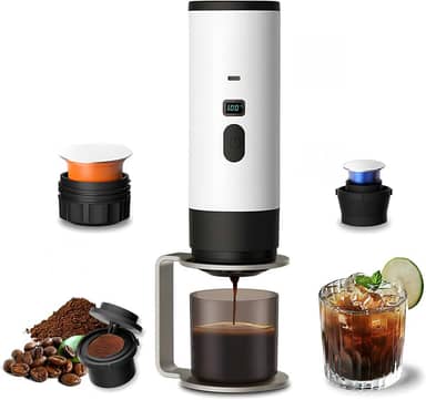 RQUOIRE Cafeteira portátil 3 em 1, máquina de café expresso, cafeteira de viagem com autoaquecimento compatível com cápsulas NS, DG e café moído, mini máquina de café expresso pequena para acampamento