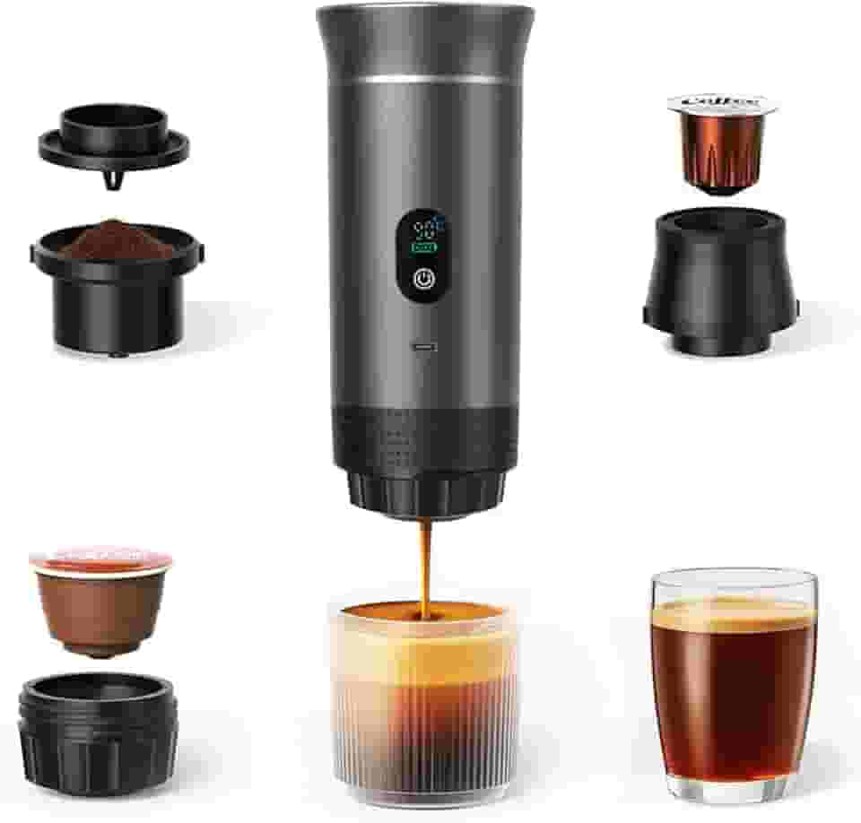 Máquina de café expresso portátil 3 em 1 para viagens e acampamento - Cafeteira portátil com autoaquecimento de 20 bar com tela LED USB-C para carro, compatível com solos e cápsulas (Ns&DG) para