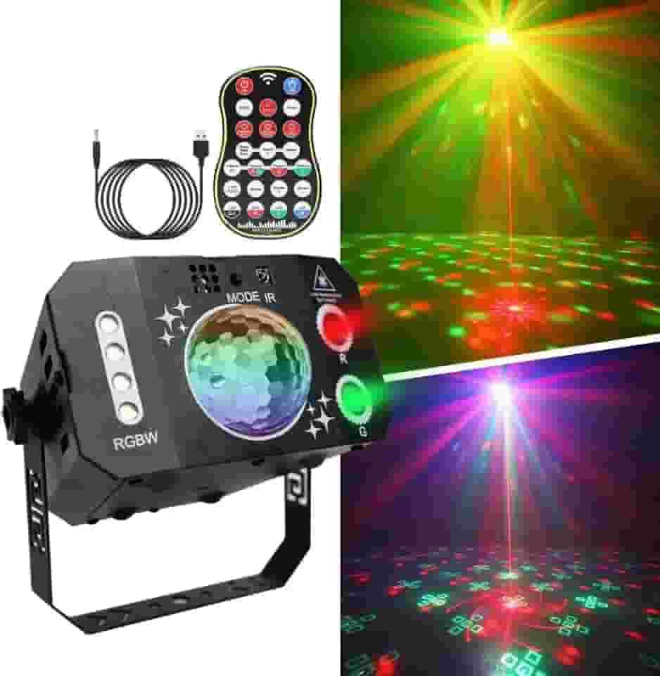 Luz de Festa 3 em 1 com 7 Olhos USB, Projetor LED Laser com Bola de Disco, Controle de Voz e Música – Ideal para Casamentos, Karaokê, Aniversários, Festas e Eventos