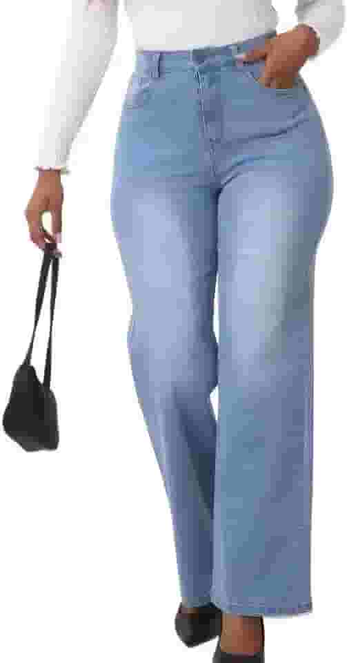 Jeans de perna reta para mulheres, calça jeans folgada de cintura alta e perna larga