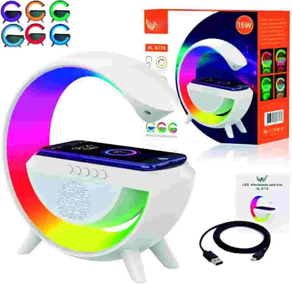 Luminária de Mesa e Caixa de Som G com Carregador de Celular por Indução Speaker Smart Bluetooth USB CArtão SD Rádio FM 15W Branca Surrond PREMIUM (BRANCA)