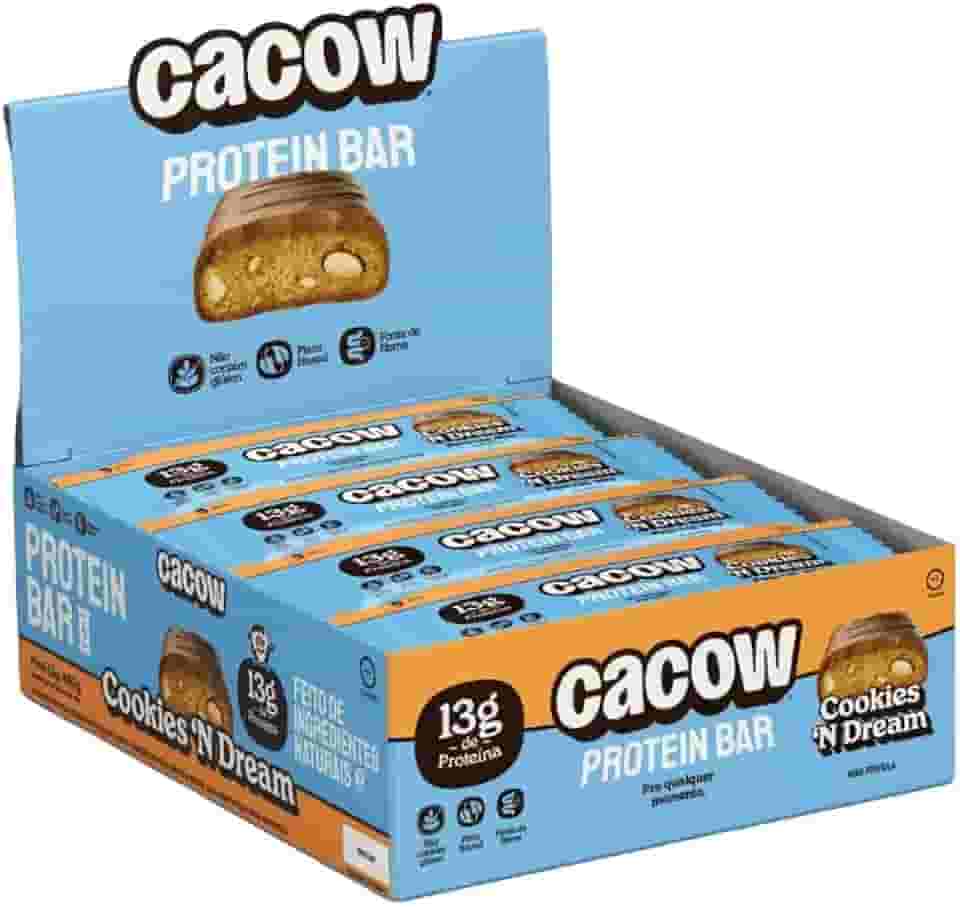 Protein Bar CACOW | 11 a 13g de Proteína | Sem Açúcar Sem Glúten Sem Lactose | Snack Saudável e Vegano para Energia e Saciedade Caixa com 12 Barras (Cookies n' Dream)