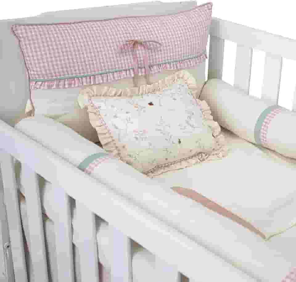 Enxoval Kit para Berço Americano em linho Bordado Joaninha Doce Encanto Jardim Xadrez rosê