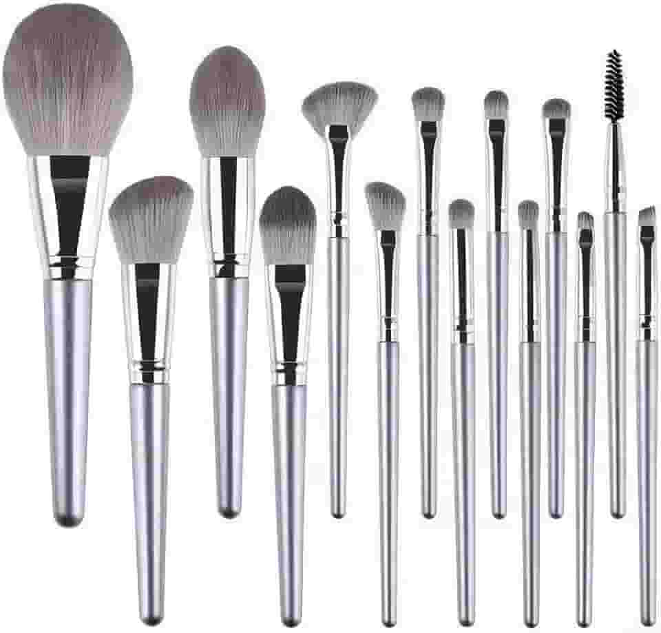 Kit Profissional de Pincéis de Maquiagem 14 em 1, Cor Prata, Conjunto para Maquiagem de Festa e Contorno, Cerdas Sintéticas de Luxo e Cabo Resistente