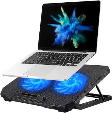 Suporte Base Ergonômico para Notebook com Cooler/Ventilador Duplo Silencioso, LED Azul e 8 Níveis de Altura com Suporte para Celular Removível