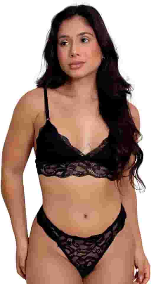 Conjunto Lingerie Calcinha Renda Sutiã Cropped Sem Bojo (Preto, GG)