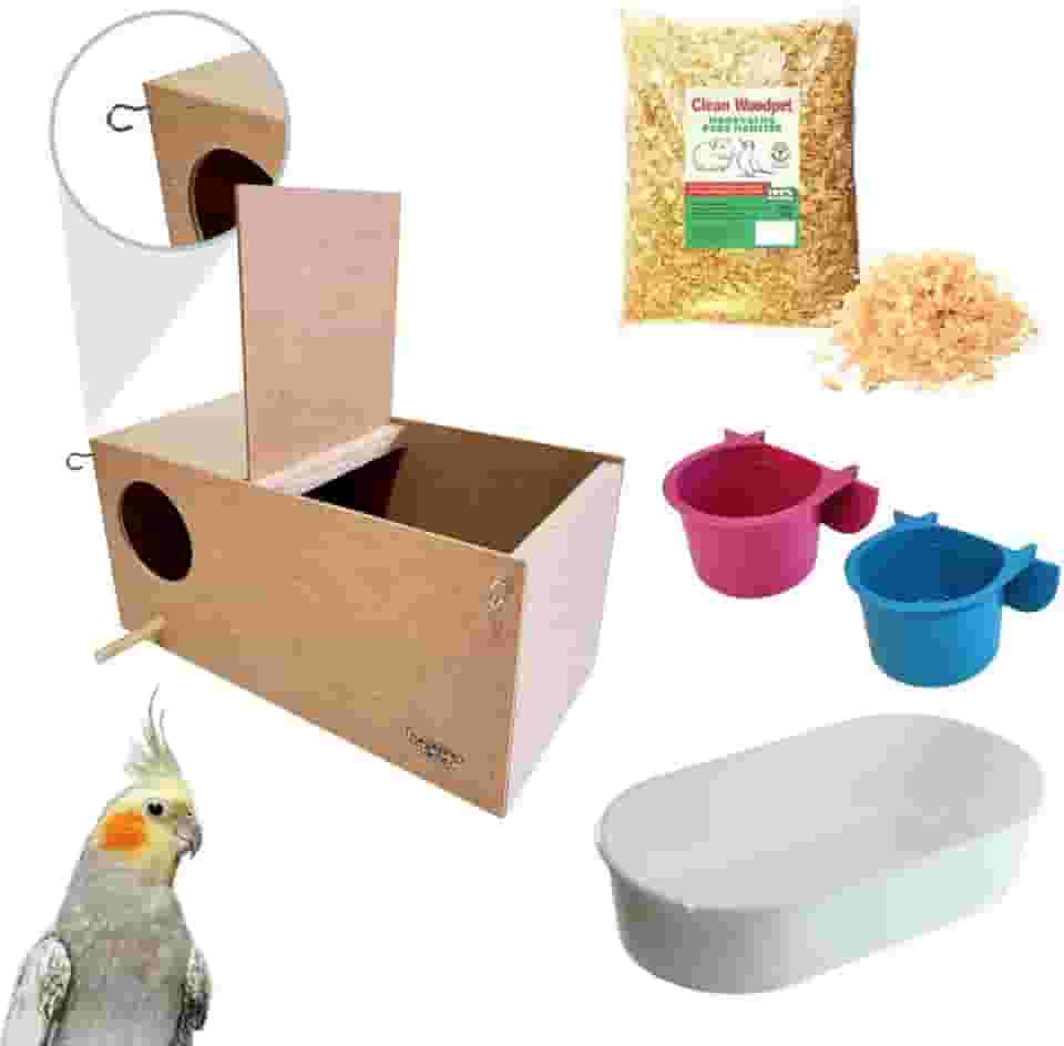 Kit Ninho para Calopsita com Ganchos mais Comedouro e Bebedouro, Banheira Grande e Mini Serragem Maravalha