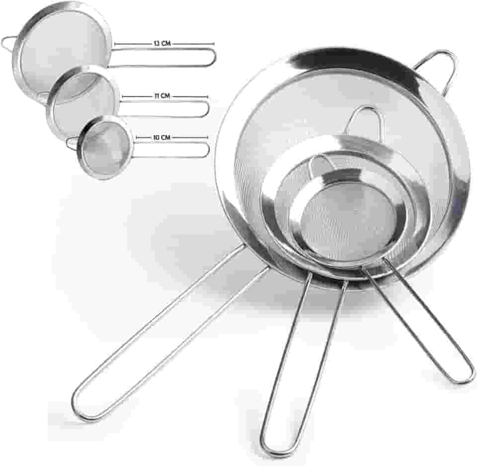Jogo 3 Peneiras em Aço Inox Resistente Luxo Para Coar Polvilhar Versátil, Durável, com Suporte para Panelas e Travessas, Resistente a Temperaturas e de Fácil Manuseio PRÓODOS