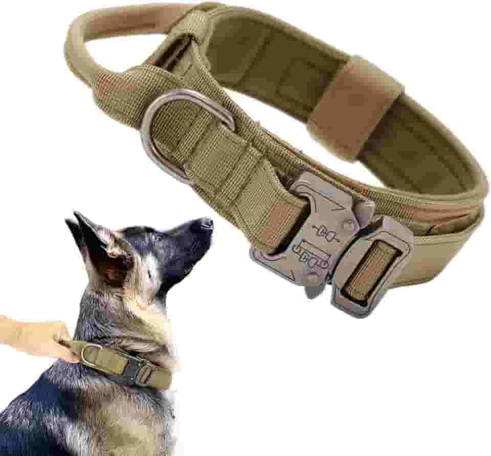 Xqpetlihai Coleira tática para cães de nylon militar ajustável com alça de controle e fivela de metal resistente para cães médios e grandes (marrom, G)