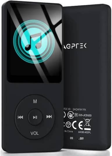 AGPTEK A02Pl 64Gb Mp3 Player, 70 Horas De Reprodução Música Sem Perdas, Suporta Até 128Gb (Preto)
