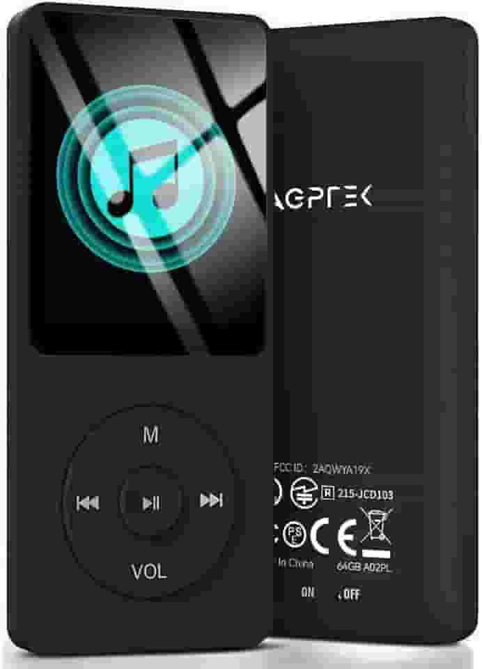 AGPTEK A02Pl 64Gb Mp3 Player, 70 Horas De Reprodução Música Sem Perdas, Suporta Até 128Gb (Preto)