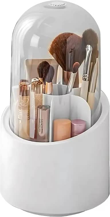 Porta Pincel Giratório Com Tampa em Acrílico, com 7 Divisórias - Maquiagem e Organização (Com Tampa - Branco)