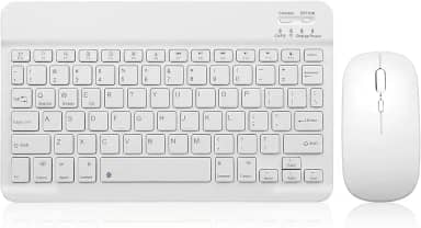 Conjunto de teclado e mouse Bluetooth recarregável, portátil, sem fio, conjunto para Apple iPad, iPhone iOS 13 e acima, Samsung, tablet, smartphone, Android, Windows (branco de 10 polegadas)