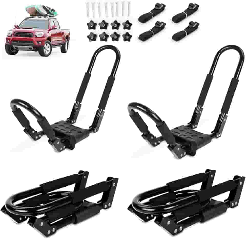 Suporte dobrável para caiaque, 2 pares, 4 peças de suportes de teto J-Bar para caiaque, canoa, pranchas de remo, esqui, prancha de surfe, suporte dobrável de caiaque para carro, SUV, caminhão,