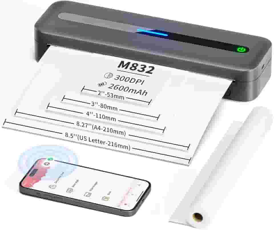 COLORWING Impressoras portáteis M832 sem fio para viagens, mini impressora compacta 300DPI sem tinta, impressora térmica Bluetooth compatível com smartphone Android e iOS, tablet e laptop - cinza