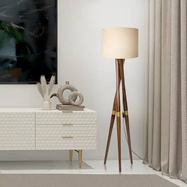 Luminária De Chão Abajur Com Cúpula de Tecido Pés Madeira Com detalhes Dourado Belissima