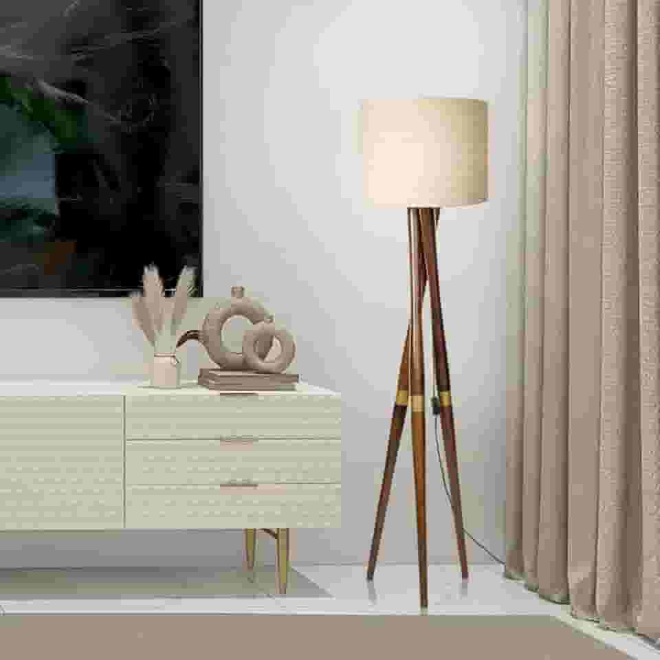 Luminária De Chão Abajur Com Cúpula de Tecido Pés Madeira Com detalhes Dourado Belissima