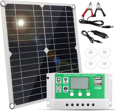 XCPHGFM Kit de painel solar de 20 watts e 12 volts Painel solar monocristalino + controlador de carga 60A PWM + clipes de bateria 22% de alta eficiência para sistema off-grid de reboque de barcos RV