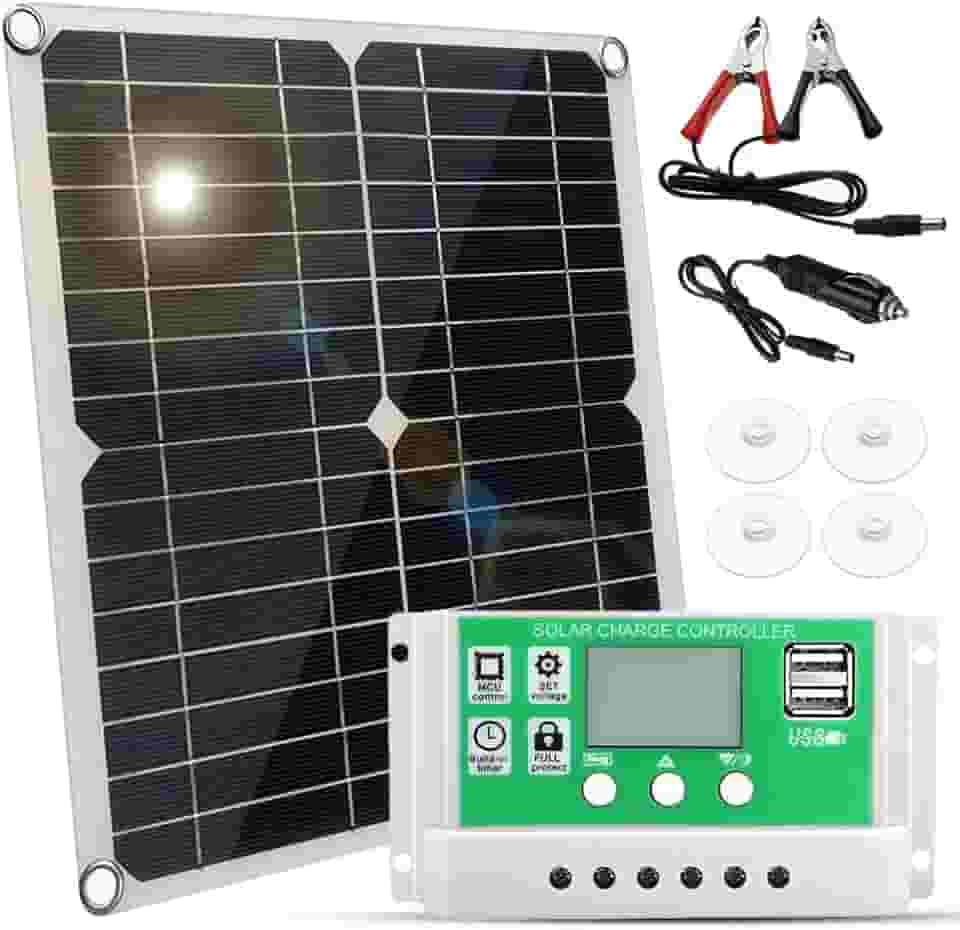 XCPHGFM Kit de painel solar de 20 watts e 12 volts Painel solar monocristalino + controlador de carga 60A PWM + clipes de bateria 22% de alta eficiência para sistema off-grid de reboque de barcos RV