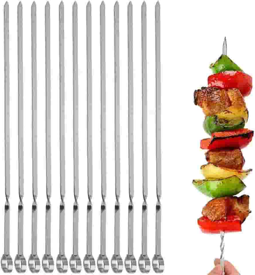 12 espetos Kabob de aço inoxidável de metal plano para churrasco, 35,5 cm, antirolos, bastões de churrasco, largos, reutilizáveis, conjunto de espetos para grelhar carne, camarão, frango, legumes, kebab, salsicha e garfo