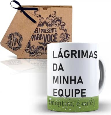 Caneca Lagrimas da Minha Equipe, Cerâmica Branca, Mensagem Engraçada para Escritório, com Caixinha de Presente