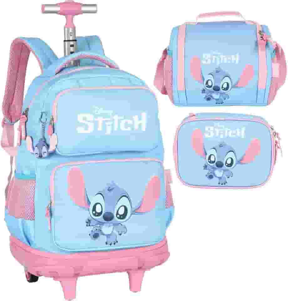 Mochila Infantil Rodinhas Stitch com Lancheira e Estojo 100 Pens Azul