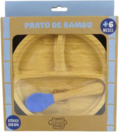 Prato De Bambu Com Ventosa E Colher Azul - Turminha Alves Baby