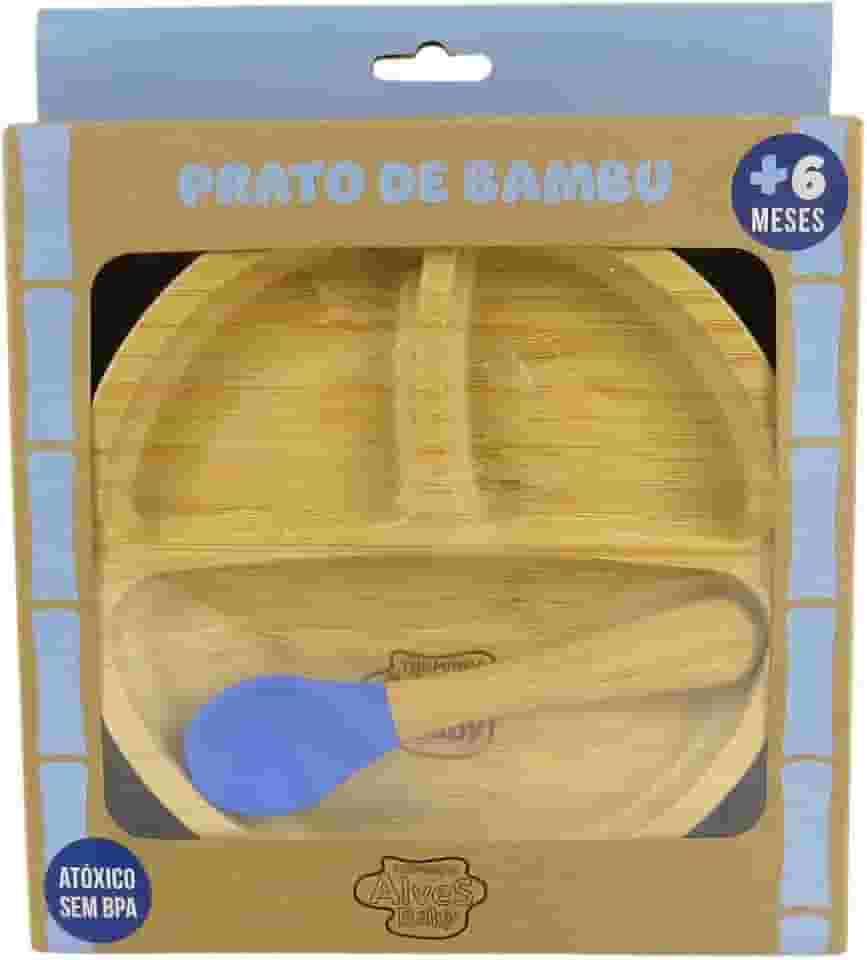 Prato De Bambu Com Ventosa E Colher Azul - Turminha Alves Baby