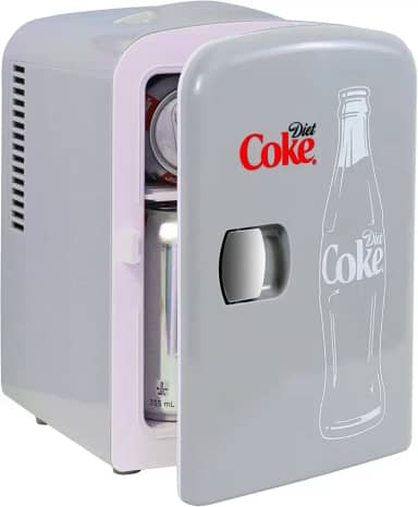 Coca Cola Diet Coke Mini Geladeira para Quartos 4L Pequena 6 Latas Tampo de Mesa Silencioso Mini Geladeira para Cuidados com a Pele Escritório Alimentos Bebidas Crianças Casa Carro e Viagens 12V