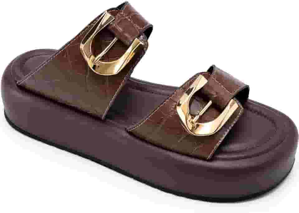 Sandália Flatform Feminina Lumiss Croco Fivelas Dourada Confortável