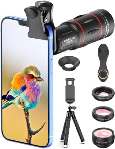 APEXEL Kit de fotografia de telefone 4 em 1, lente teleobjetiva 18X, lente olho de peixe de 198°, lente macro 15X, lente grande angular de 0,63x, conjunto com tripé de telefone flexível, para iPhone