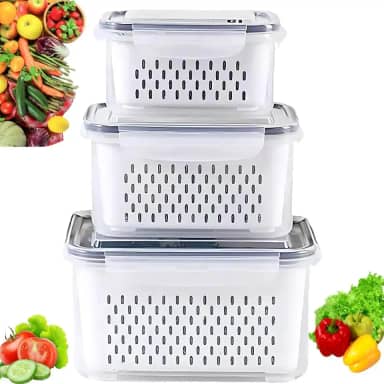 Kit 3 Potes Herméticos com Trava e Cesto Escorredor Removível para Geladeira Frutas Verduras Legumes Livre de BPA Vedação Silicone Qualidade Premium Organização Alimentos Cozinha Transparente