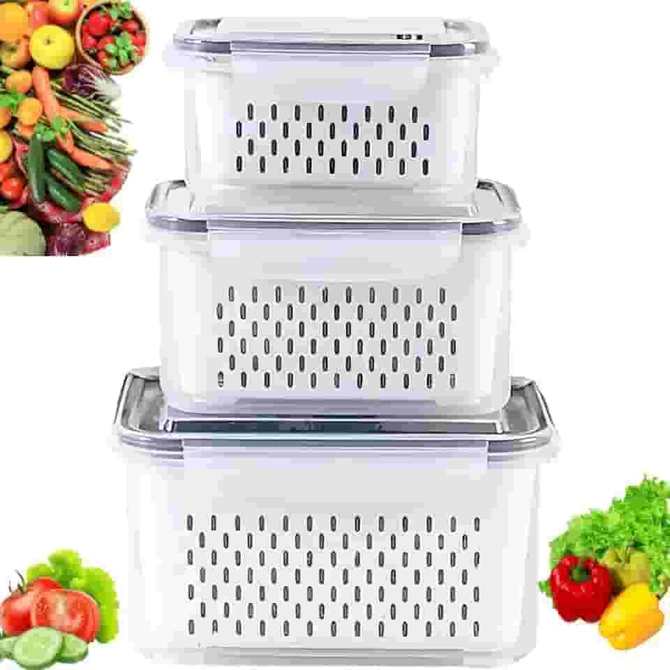 Kit 3 Potes Herméticos com Trava e Cesto Escorredor Removível para Geladeira Frutas Verduras Legumes Livre de BPA Vedação Silicone Qualidade Premium Organização Alimentos Cozinha Transparente