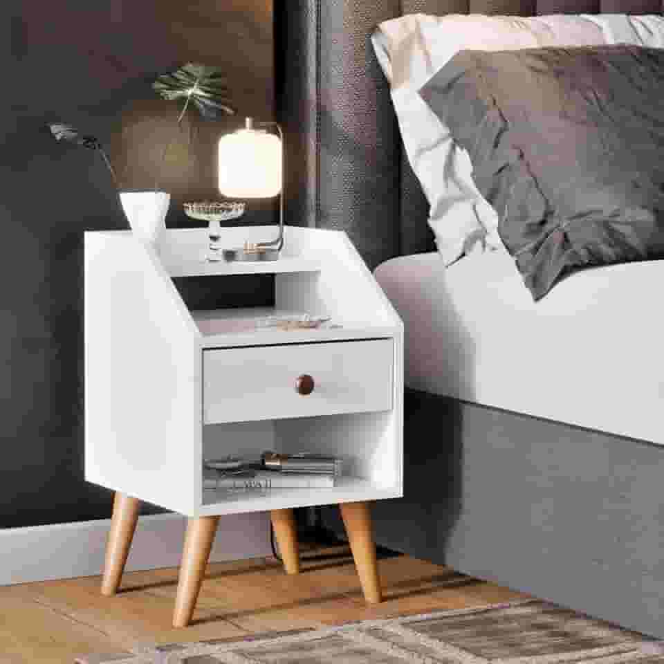 Mesa de Cabeceira Retrô Pés Palito Com 1 Gaveta Criado Quarto Decoração (Branco)