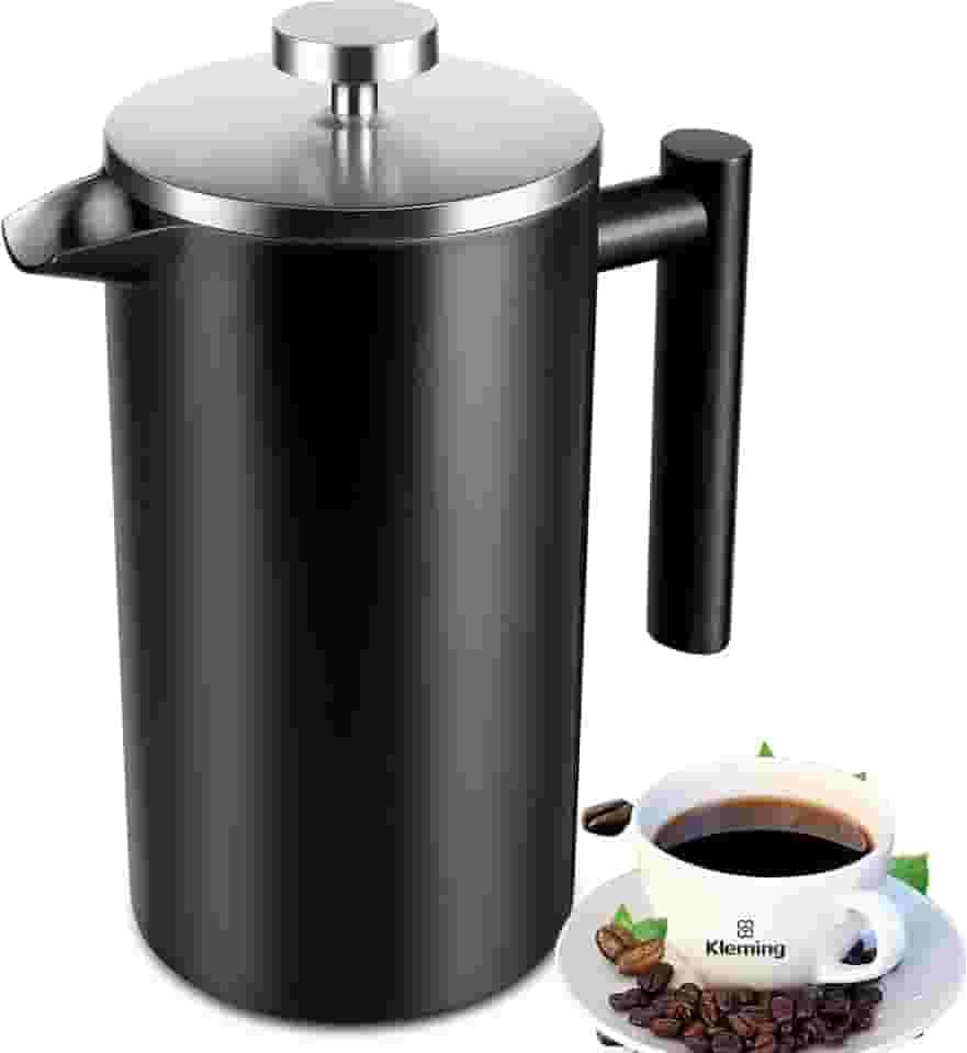 Cafeteira de Prensa Francesa com Parede Dupla em Aço Inoxidável,700 ml, Térmica, 60 MinutosTempo de Preservação do Calor, Filtragem Perfeita, Aço Inox 304. Preta com Tampa Prata |
