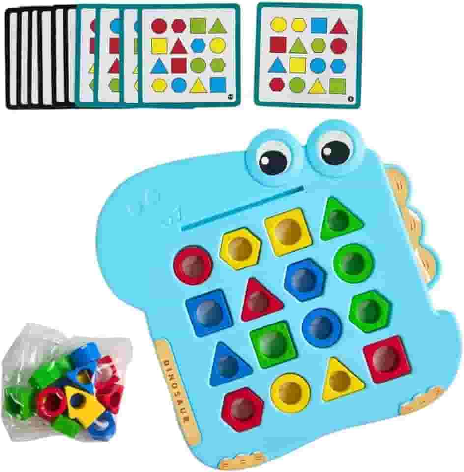 Brinquedo Educativo Dinossauro Verde, Tabuleiro de Encaixe Geométrico com Formas e Cores, Jogo de Memória e Coordenação Motora, para Crianças a partir de 3 Anos