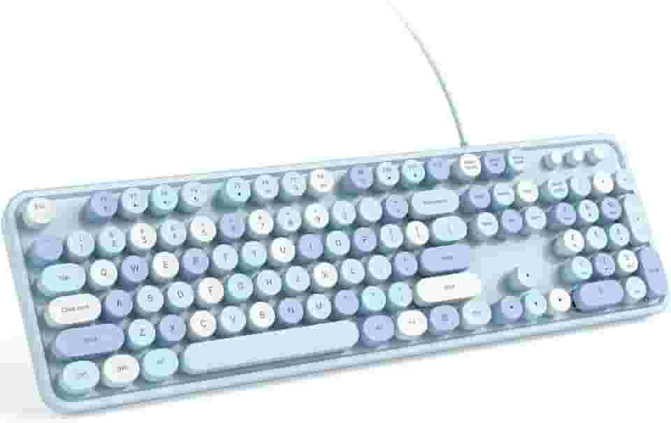 KNOWSQT Teclado de computador com fio – Teclas redondas de tamanho completo retrô colorido azul Plug and Play, máquina de escrever lindos teclados para Windows, laptop, PC, desktop, computador