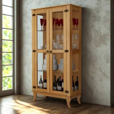 Cristaleira De Madeira Maciça Estilo Colonial Com Vidro Nas Portas E Prateleiras De Vidro Reforçado (Imbuia)