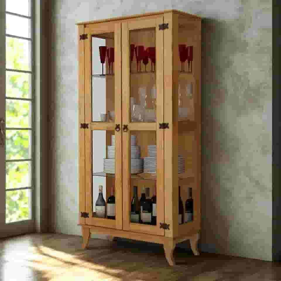 Cristaleira De Madeira Maciça Estilo Colonial Com Vidro Nas Portas E Prateleiras De Vidro Reforçado (Imbuia)