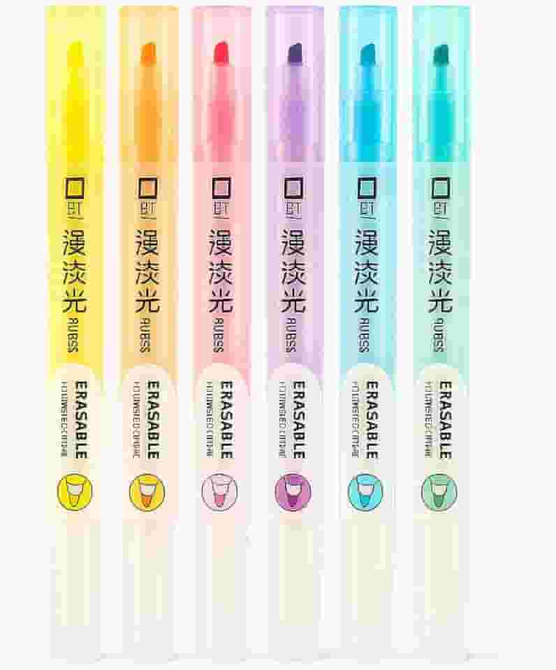 Kit Marca Texto Caneta Apagável com Ponta Dupla 6 Cores Pastel – Canetinha Marcador Mágico Suave para Estudo, Planner e Escritório