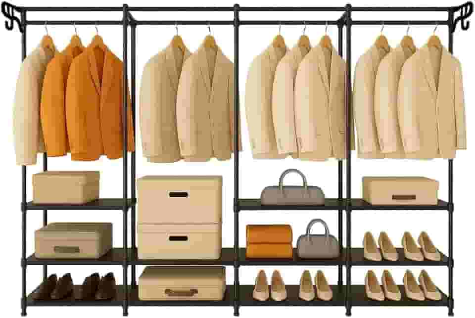 Arara Cabideiro 4 Colunas com Sapateira e 10 Prateleiras Armário Organizador Quádruplo Estilo Aberto para Closet e Quarto de Casal Grande Premium