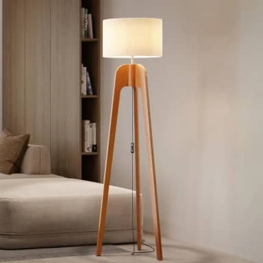UNIDECOR CASA Luminária Abajur de Chão Tripé Tradicional Madeira Maciça Cúpula de Tecido Linho