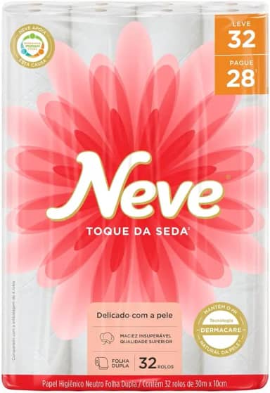 Neve Papel Higiênico Toque de Seda Folha Dupla, 30m, Leve 32 Pague 28 Rolos