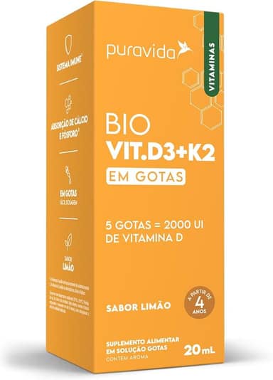 Puravida Vitaminas Bio Vit. D3 + K2 2000UI Gotas Sabor Limão 20ml