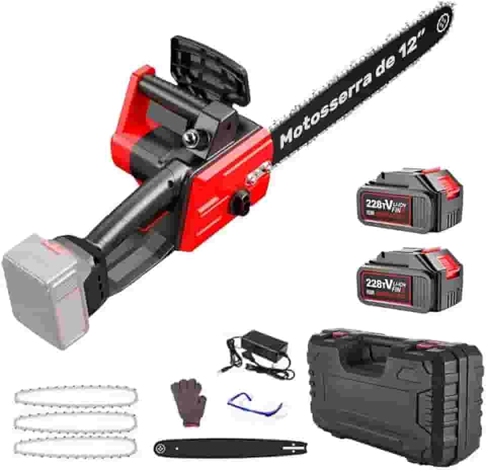 Mini Motosserra a Bateria 1200 W, 21V, 12 Polegadas – Motosserra Portátil a Bateria Recarregável para Trabalho de Corte e Derrubada de Árvores